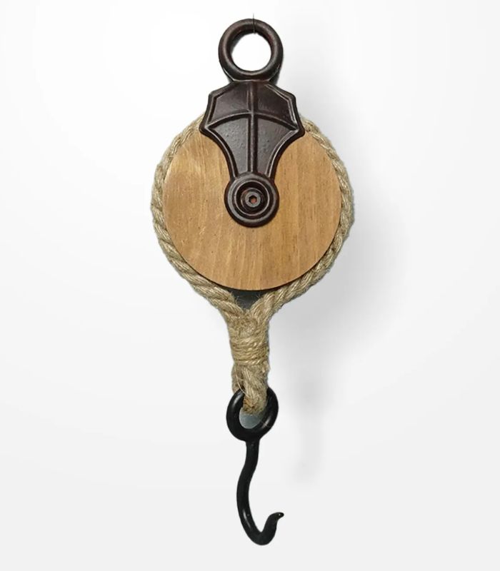 Wooden / Metal Hanging Wall Hook - Decorative Pulley - Block - Natural - 5.5x32x12cm | Ink You