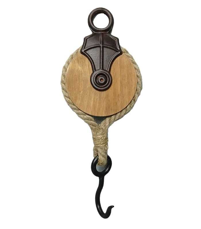 Wooden / Metal Hanging Wall Hook - Decorative Pulley - Block - Natural - 5.5x32x12cm | Ink You