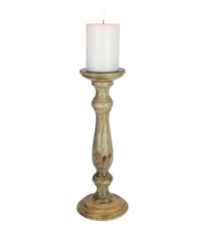 Teak Finish Wood Pillar Candle Stand 35cm | Ink You