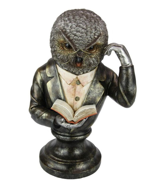 34cm owl bust reading book silver finish - 0
