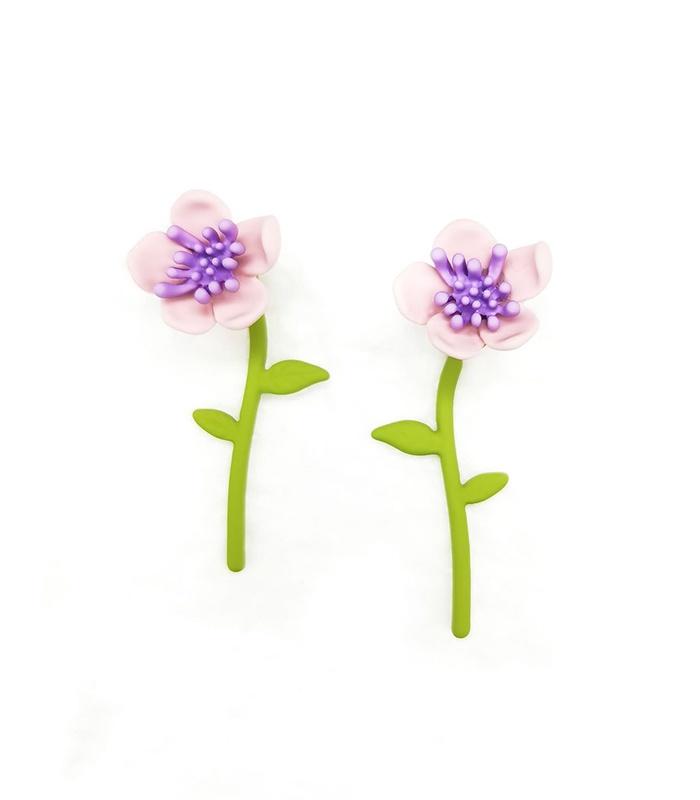 Earrings Flower Dangling Stem Earrings - Pink/Purple