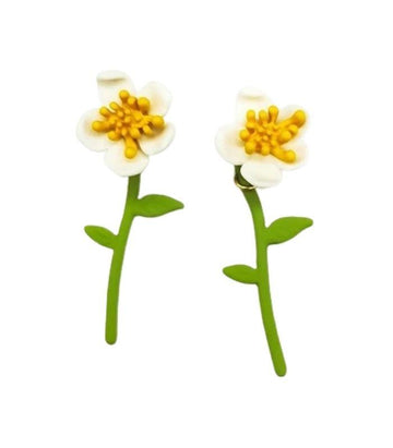 Flower Dangling Stem Earrings - White/Yellow | Ink You