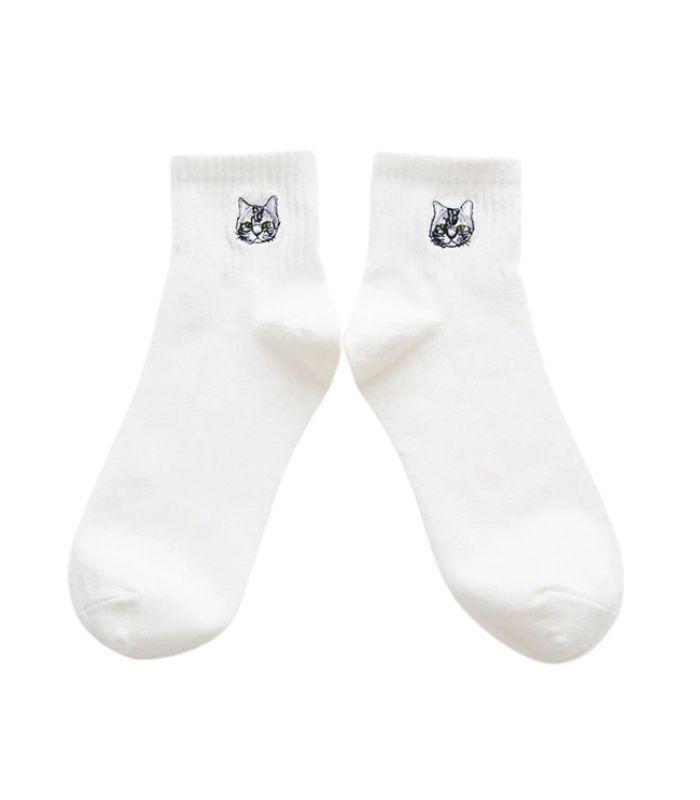 Women's Cotton Casual Socks - White - Cat | Ink You